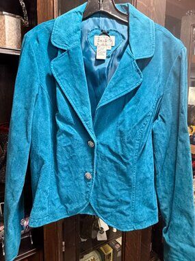 Live a Little Women’s Teal Suede Leather Blazer Jacket Size M Jeweled Buttons
